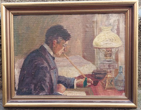 Painting: "Man reading letter while smoking his pipe" c. 1930