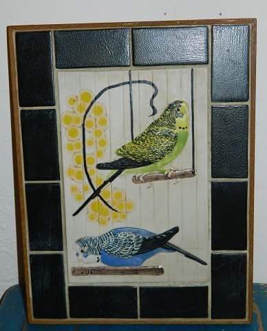 Pair of budgerigars on tiles from Royal Copenhagen by Jeanne Grut