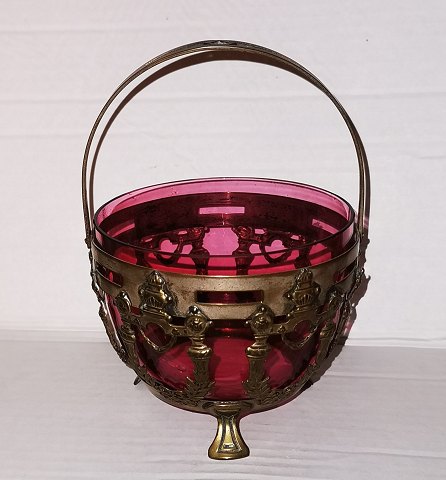 Sukkerskål med hank og lyserød glas skål ca. 1900