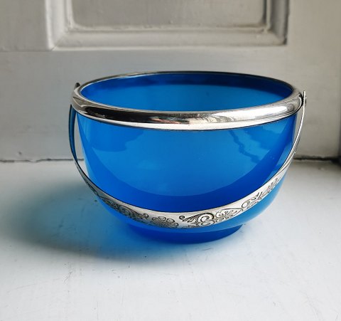 Blue sugar bowl with handle in silver plate