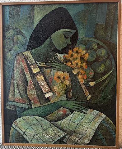 Roger San Miguel painting:
Woman with Flowers and Apples