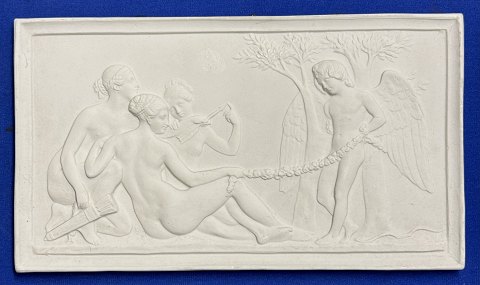B&G biscuit porcelain plaque featuring "Cupid Captured by the Graces" by Bertel Thorvaldsen.